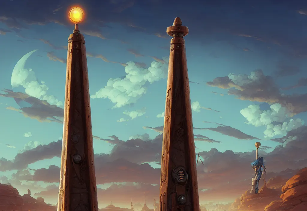 Prompt: a steampunk obelisk in a gloomy desert at dawn, intricate oil painting, high detail illustration, sharp high detail, manga and anime 1 9 9 9, official fanart behance hd artstation by jesper ejsing and makoto shinkai, 4 k,