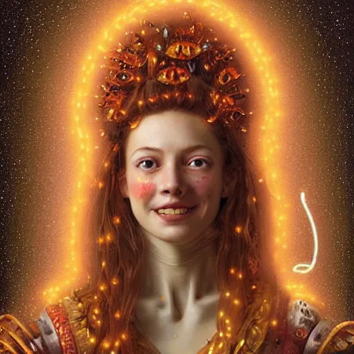 Image similar to a totally amazed smiling pretty robot surrounded by golden firefly lights in a mesmerizing scene, fully covering intricate detailed bohemian outfit, long loose red hair, precise linework, accurate green eyes, small nose with freckles, beautiful smooth oval head, expressive emotions, hyper realistic ultrafine portrait by artemisia gentileschi, jessica rossier, greg rutkowski, artgerm