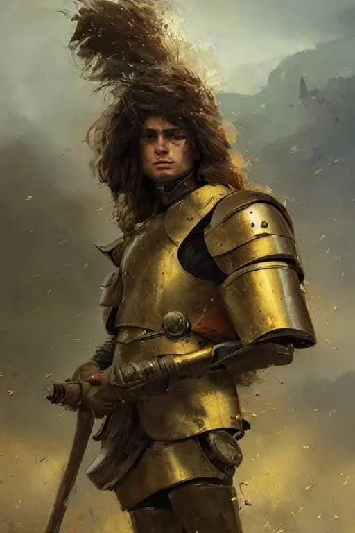 Prompt: a british longhair sodier with armor in the war, warm color, mini golden detail in the armor by alessio albi and greg rutkowski