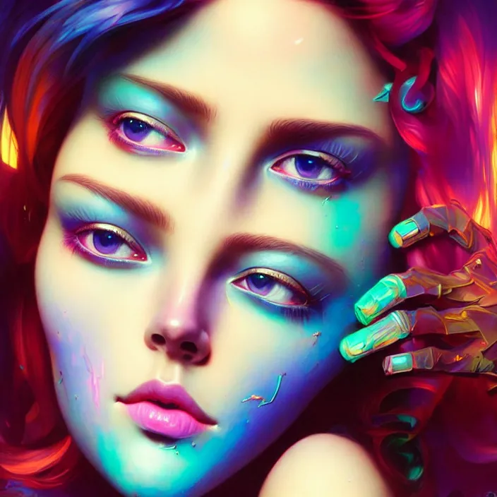 Image similar to young woman, gorgeous face, vaporwave aesthetic, synthwave, colorful, psychedelic, broken, shattered, beaten, sadness, crying, tears, artstation, concept art, smooth, extremely sharp detail, finely tuned detail, 8 k, unreal engine 5, ultra sharp focus, illustration, art by artgerm and greg rutkowski and alphonse mucha