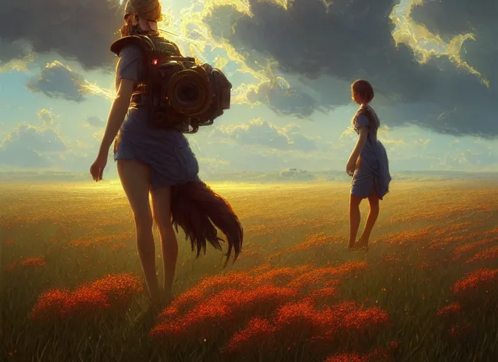 Image similar to detailed intricate digital illustration by greg rutkowski and artgerm and wlop and sanford robinson gifford ; beautiful meadow with colorful flowers and puffy clouds in background ; 1 3 mm film, arri alfa anamorphic lens ; sharp focus, golden hour lighting, trending on artstation 4 k ; close view