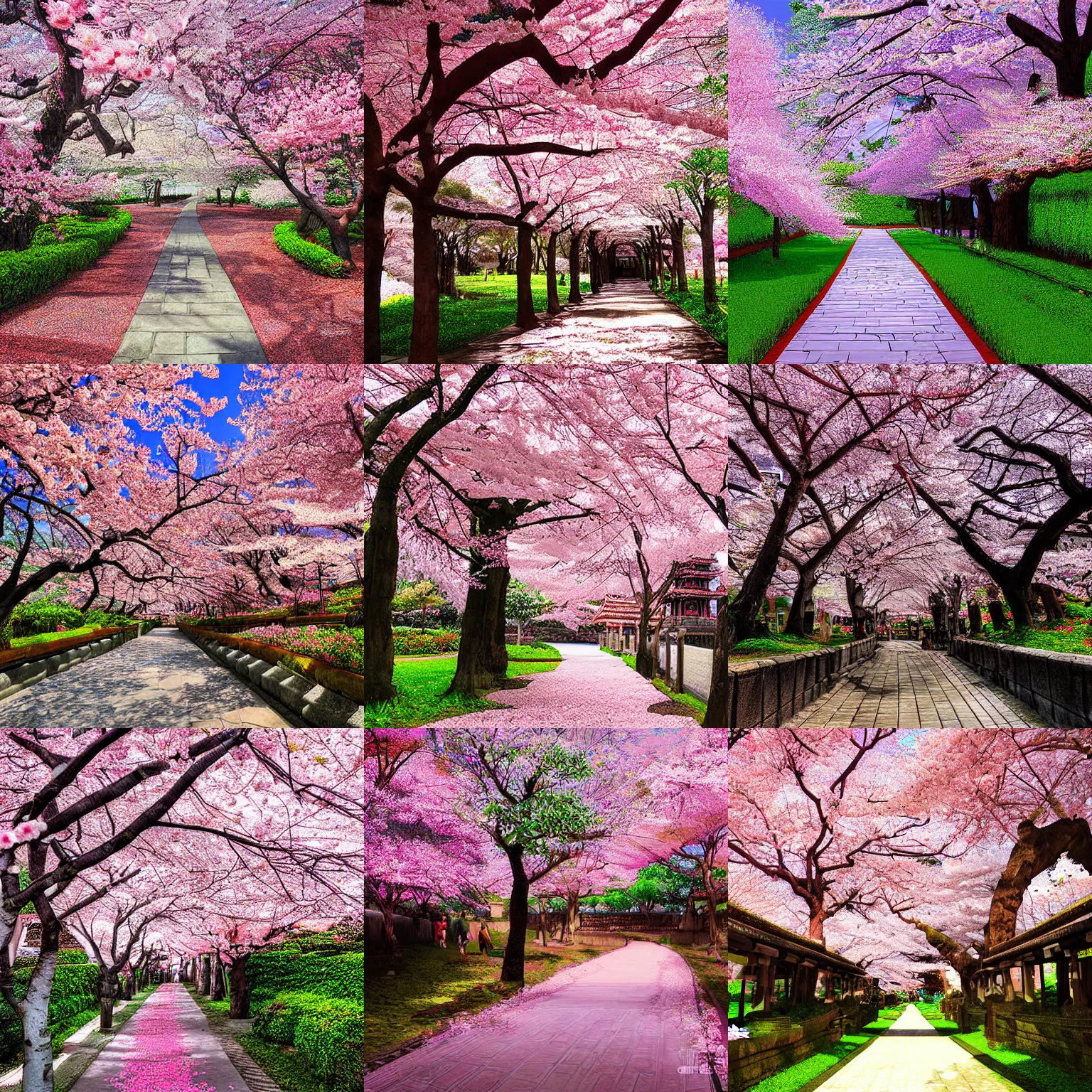 Prompt: A pathway to a temple with sakura trees in full bloom, digital art