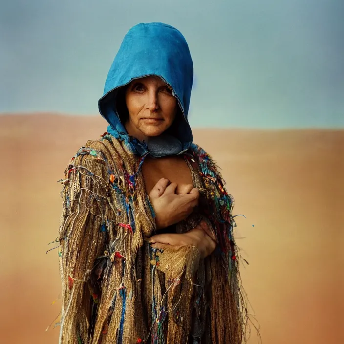 Prompt: closeup portrait of a woman with a hood made of wire and rainbows, standing in a fertile apocalyptic landscape, by Annie Leibovitz and Steve McCurry, natural light, detailed face, CANON Eos C300, ƒ1.8, 35mm, 8K, medium-format print