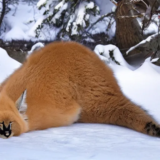 Image similar to photo still of drunk sleepy fat chubby caracal, lying sleeping on snow, big stomach, fullbody, sunny winter day