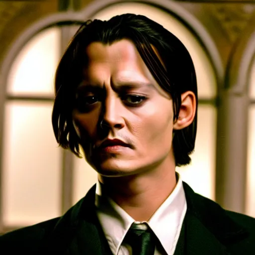 Image similar to Film Still of a Young Adult Johnny Depp playing Adult Tom Riddle in Harry Potter, Film Still, realistic, hyperrealistic, very realistic, very very realistic, highly detailed, very detailed, extremely detailed, detailed, detailed face, very detailed face, very detailed face, realism, HD Quality, 8k resolution, intricate details, body and head in frame, Real Life