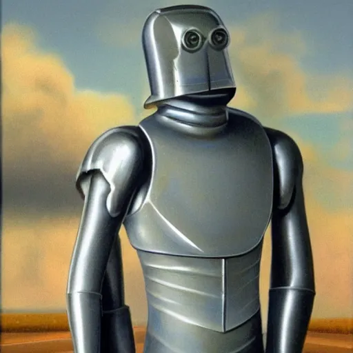 Prompt: a silver man, by ralph mac quarrie, retrofuturism,