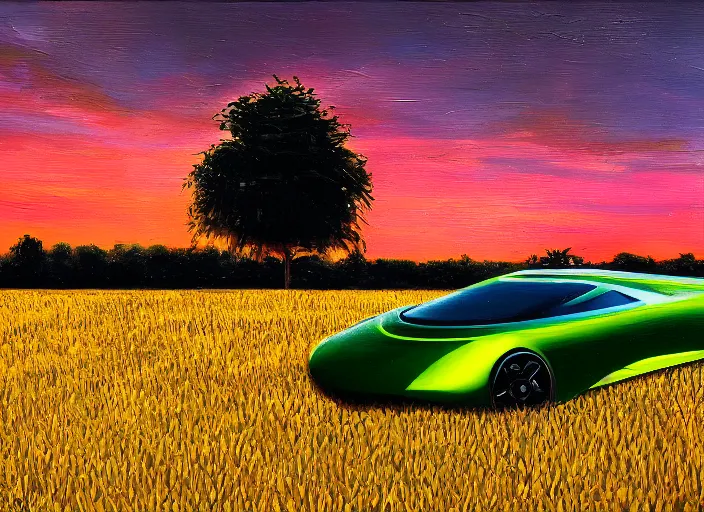 Prompt: cinematic fast futuristic sportscar in a lush field, shiny, oil on canvas, beautiful lighting, photorealistic, sharp, sunset, by scott robertson