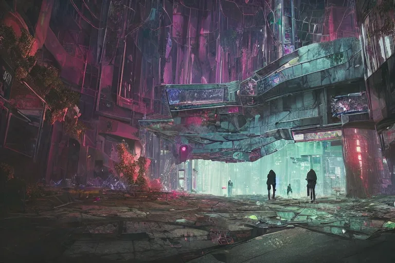 Image similar to a triangular portal structure made from crystals in the centre of an abandoned overgrown cyberpunk city, epic mysterious surrealism, digital matte painting in the style of liam wong