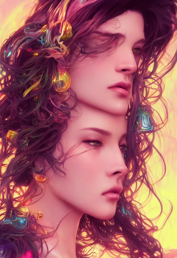 Image similar to beautiful, young woman, detailed gorgeous face, vaporwave aesthetic, synthwave, colorful, psychedelic, artstation, concept art, smooth, extremely sharp detail, finely tuned detail, ultra high definition, 8 k, unreal engine 5, ultra sharp focus, illustration, art by artgerm, greg rutkowski and alphonse mucha