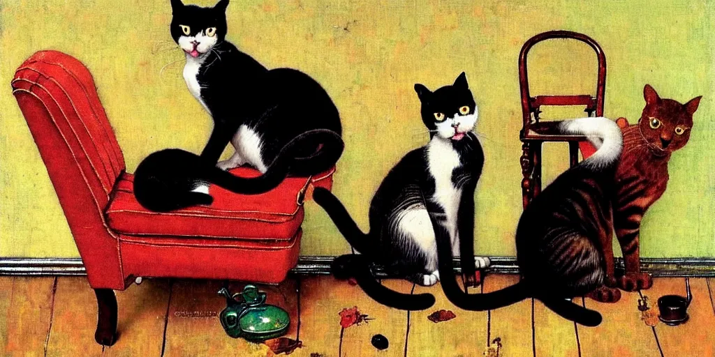 Image similar to two cats on an old armchair, style of norman rockwell