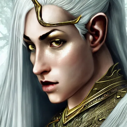 Image similar to side portrait of a female elven warrior, fantasy, head tilted down, white hair, gold armour, gold jewelry, white skin, detailed face, trending on artstation, gsociety, D&D, elegant, highly detailed, sophisticated, hyperrealistic, detailed illustration, smooth, sharp focus, upper body, intricate, rule of thirds, holy glow, backlit, hd 4k by Greg Rutkowski, Charlie Bowater, Karol Bak