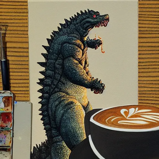 Prompt: a painting portrait of Godzilla drinking a latte