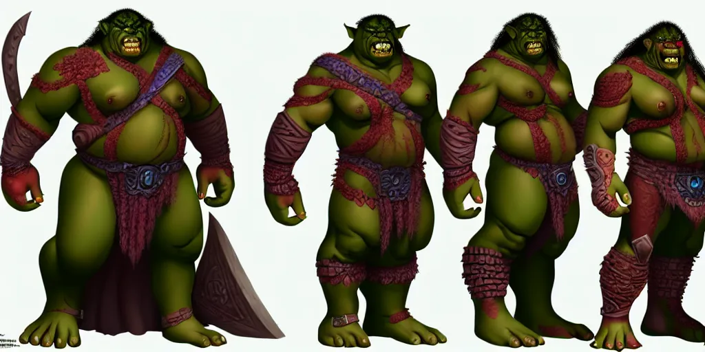 Image similar to different views of orcs, colourful intricate!! concept art by senior character artist, trending on artstation, full body character design