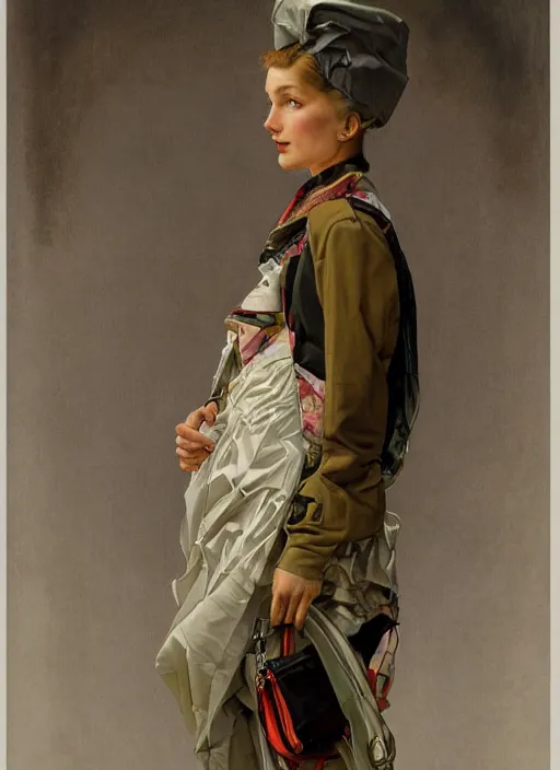 Prompt: a realistic portrait by norman rockwell and alphonse mucha of a russian girl detailed features wearing a cargo wedding dress - sporty, sleek, tech utility - chic trend. lots of zippers, pockets, synthetic materials, jumpsuits chic'techno fashion trend by issey miyake and balenciaga