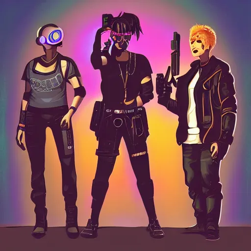 Image similar to portrait of three cyberpunk gang members