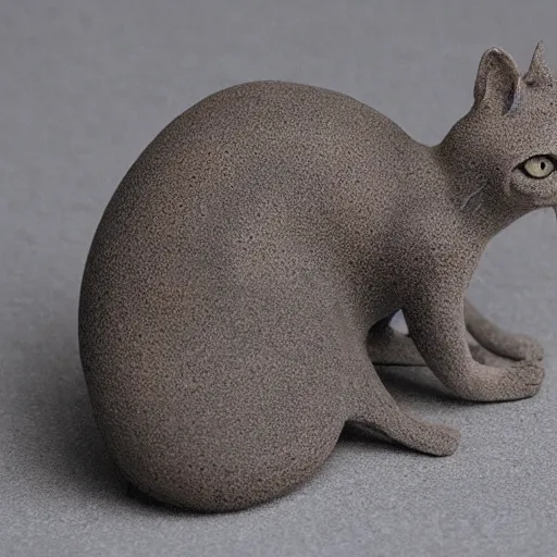 Image similar to medium - shot realistic slim clay cat, grey clay, full body, walking, rough, handmade, fingerprints on clay, masterpiece, artistic, museum, highly detailed, hq, by adam beane, by carl brenders