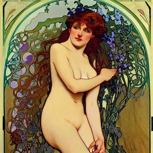 Image similar to beautiful women, aphrodisiac, tall goddess, expressive oil painting, art nouveau, vines, edwardian woman, 1 9 2 0's france, oil painting by alphonse mucha