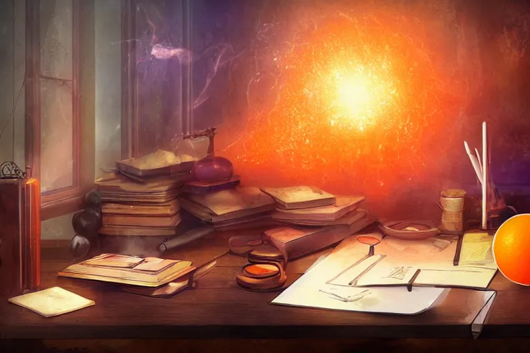 Prompt: office desk with a spilled glowing orange potion, 1 2 th century fantasy photograph, featured on pixiv, magical potion