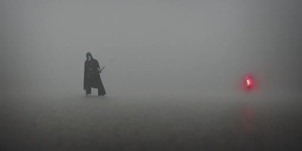 Prompt: sith lord with lightsaber, fog on the ground, heavy rain, lightning, moody lighting, shallow depth of field,