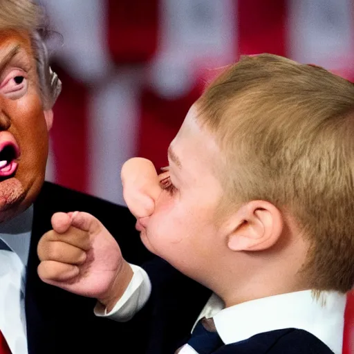 Image similar to Donald Trump crying behind a small child, realistic, photograph