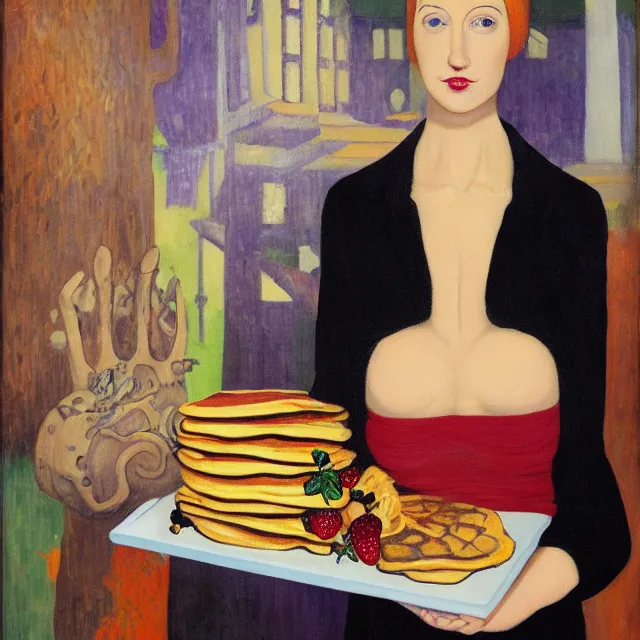 Prompt: tall emo female artist holding an artist's palette, pancakes, in chippendale sydney, gold bars, maple syrup, snails, berries, pigs, octopus, broomstick, acrylic on canvas, surrealist, by magritte and monet