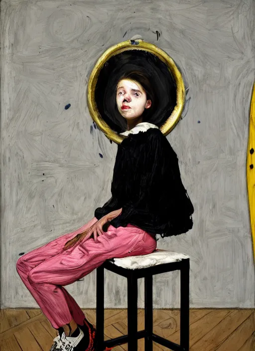 Prompt: portrait of a 1 5 year old girl jester sitting on a stool, by vincent lefevre and hernan bas and pat steir and hilma af klint, psychological, photorealistic, symmetrical face, dripping paint, washy brush, threads, rendered in octane, altermodern, masterpiece