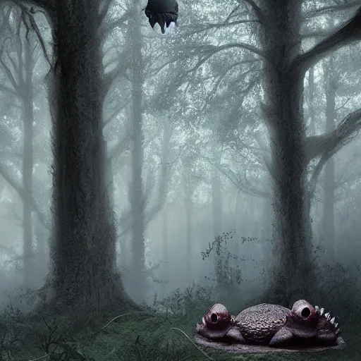 Image similar to giant evil toads in the forest, toads, foggy, atmospheric, highly detailed, hyperrealistic, gothic horror, by randy vargas