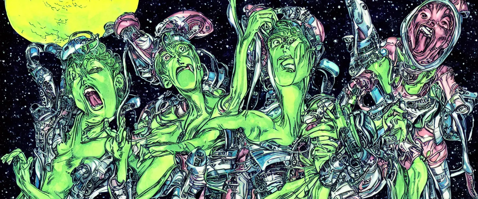 Image similar to exaltics apocalyptic ufo woman is screaming and crying after alien invasion on planet earth style of manga comic books in the year seventies, storybook illustration, by yoshitaka amano, green color scheme