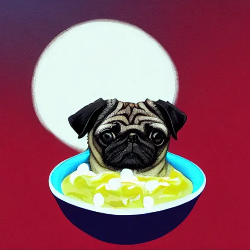 Image similar to a pug sitting in a bowl of yogurt, covered in yogurt, trending on artstation, high resolution photo,