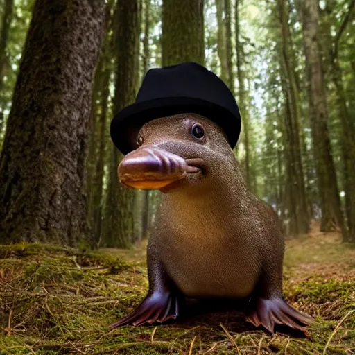 Image similar to detailed photograph of a platypus wearing a fedora in a forest, national geographic, realistic, cinematic lighting, 8 k, cute, adorable, fedora, wearing a hat, wearing a fedora, realistic