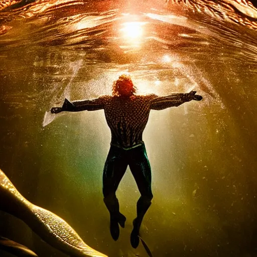 Image similar to aquaman in emotional movement, underwater photography and light scattering, water refractions turned out impressive imho,