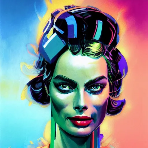Prompt: vibrant face portrait of a diesel punk margot robbie on the art deco streets of the big city, symmetrical face, 3 d anime, award - winning realistic sci - fi concept art by jim burns and greg rutkowski, picasso, beksinski, masterpiece, complimentary colors, james gilleard, bruegel, alphonse mucha, and yoshitaka amano