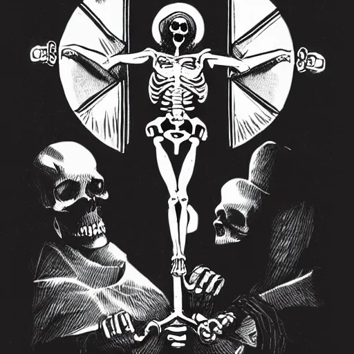 Prompt: A crucifix made of light, with two evil skeletons on both sides being burnt by its light. Dark Fantasy, Film Noir, Black and White. High Contrast, Mike Mignola, D&D, OSR