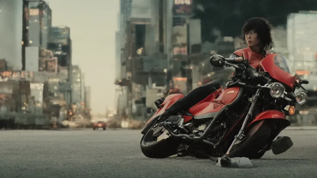 Image similar to still from a film adaptation of akira, colorgraded, motorcycle, 5 0 mm lense, vivid detail, cinematic