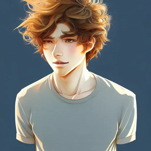Prompt: young man with medium - length, curly, golden hair, perfectly proportioned face, aquamarine eyes, natural lighting, path traced, highly detailed, high quality, cartoon, digital painting, by new haicheng and studio ghibli