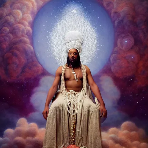 Prompt: obatala the cosmic god sitting on a throne of nebula clouds, by Agostino Arrivabene and amanda sage, matte painting, orisha, 8k, hd
