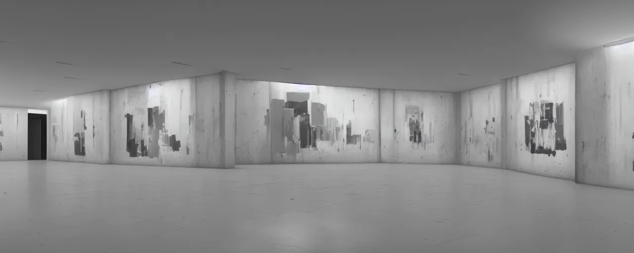 Prompt: White brutalist artistic art gallery with empty frames on the wall, stunning volumetric light, sunset, metal, concrete and translucent material, stunning lights, majestic architecture, trending on Artstation, 8k, photorealistic, hyper detailed, unreal engine 5, IMAX quality, cinematic, epic lighting, in the style of Greg Rutkowski