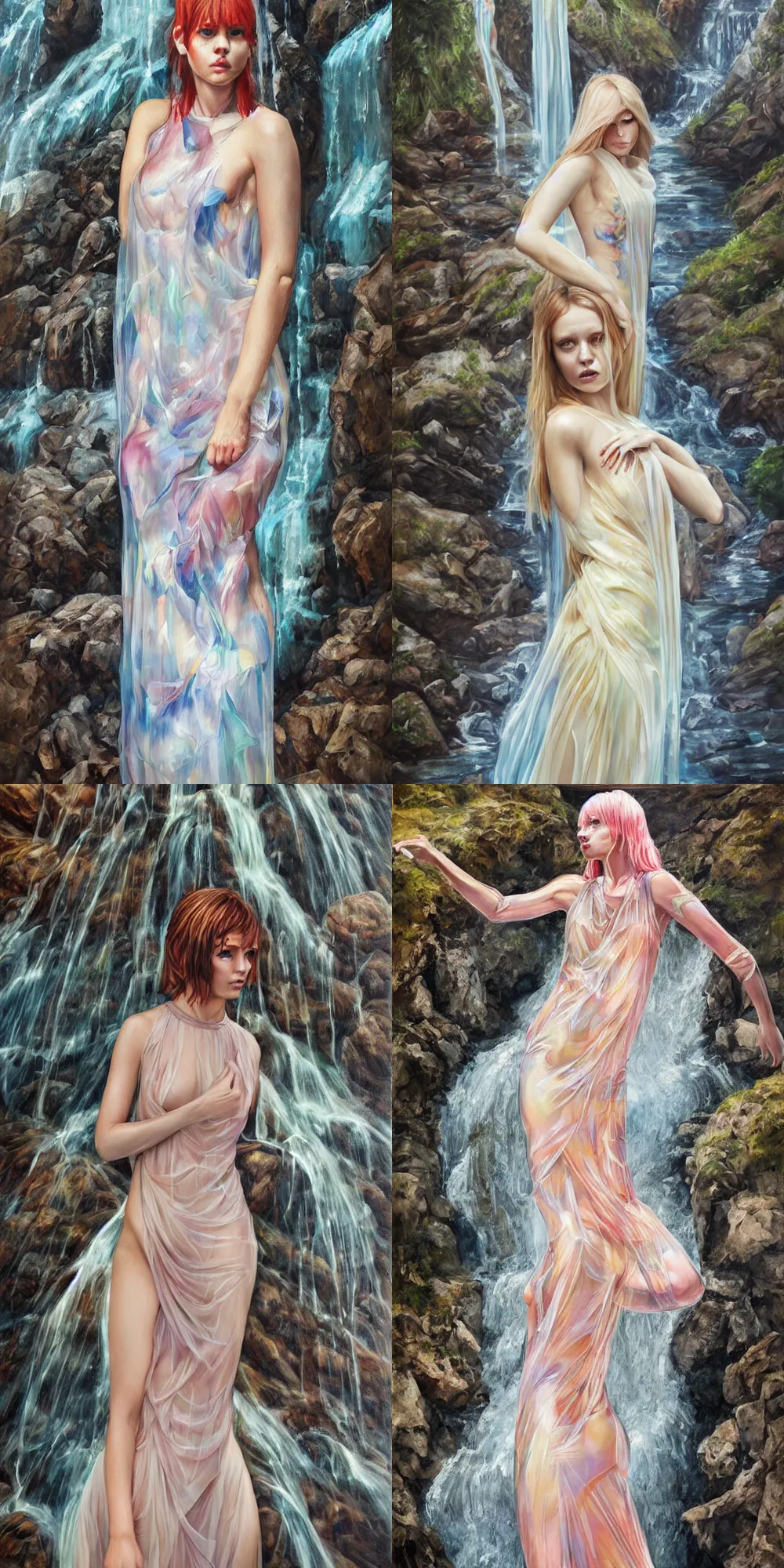 Prompt: a beautiful woman wearing translucent dress under a waterfall, highly detailed, hyper realistic, oil painting, by martine johanna