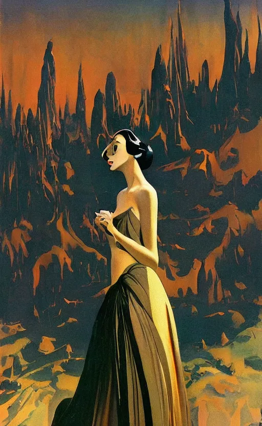 Image similar to a beautiful painting of a fair skin with dark hair queen in a metallic dress, by bruce pennington, by eyvind earle, nicholas roerich, by frank frazetta, by georgia o keeffe, by dean cornwell, highly detailed!!!, tonalism, jewels, tiles curtains, oriental, desaturated!!!!!!!!!