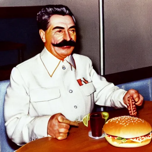 Image similar to joseph stalin eating at burger king, colored, 8 k