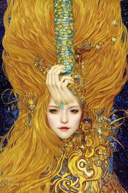 Image similar to Hatsune Miku with golden hair by Karol Bak, Jean Deville, Gustav Klimt, and Vincent Van Gogh, portrait of a sacred serpent, Surreality, otherworldly, fractal structures, arcane, ornate gilded medieval icon, third eye, spirals