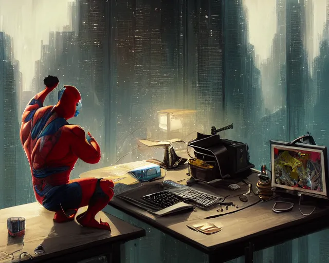 Image similar to an insanely detailed painting of a slightly chubby, nerdy asian man wearing a superhero costume and mask, sitting at a desk, staring at the nervously at the computer and typing, in the style of peter mohrbacher, dramatic lighting and composition, octane render, trending on artstation, concept art, comic book, view from behind