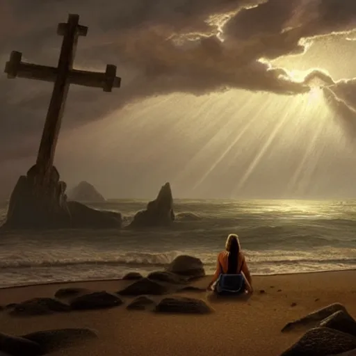 Prompt: a highly detailed render of a large cross standing on the beach as a storm comes in with the tide, woman sitting in the sand watching the ocean, epic fantasy, god rays, aerial photography, unreal engine, volumetric lighting, octane render, exquisite detail, 8 k, art by albert bierstadt and greg rutkowski and thomas moran and alphonse mucha