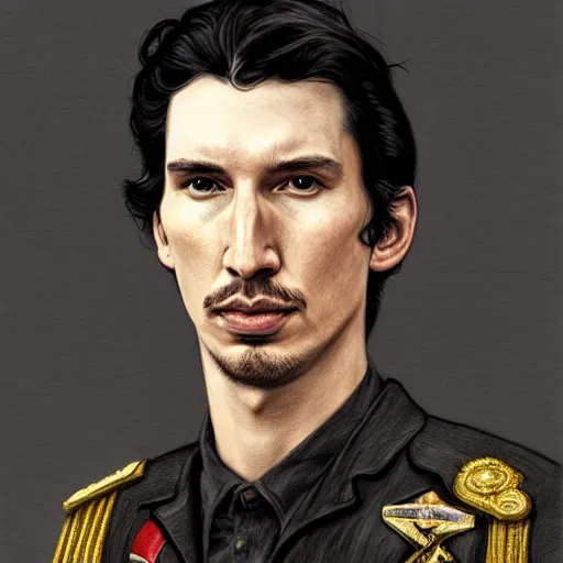Prompt: portrait of stoic king adam driver with his queen john oliver, full body, military uniform, fantasy, intricate, elegant, beautiful, highly detailed, charcoal, centered, dark, smokey, digital painting, artstation, concept art, smooth, sharp focus, illustration, art by artgerm and greg rutkowski and alphonse mucha
