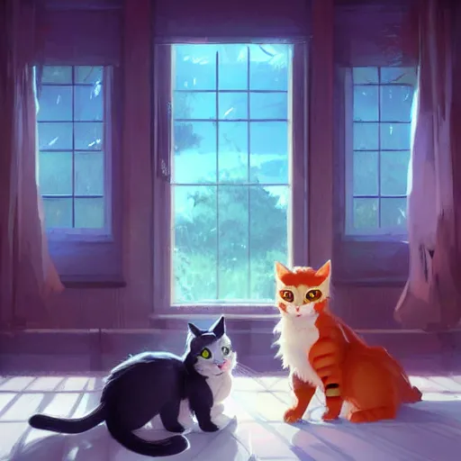 Prompt: cats in a room. animal. digital art. artstation. realistic. vibrant. illustration. in the style of pixar movie. art by makoto shinkai, stanley artgerm lau, wlop, rossdraws. volumetric lighting.