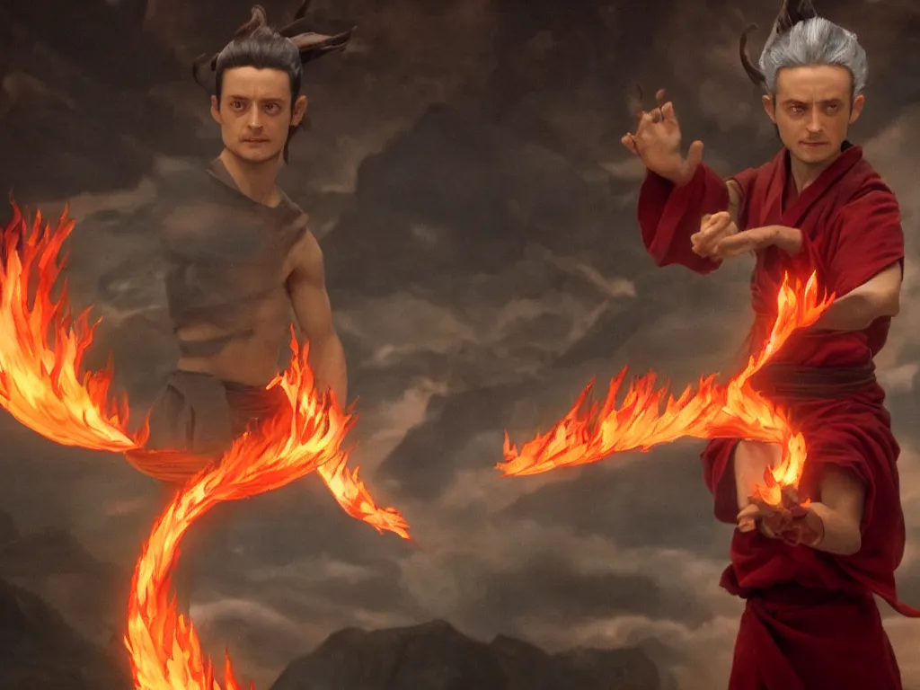 Image similar to elijah wood as fire lord ozai, firebending, in the style of avatar the last airbender, 4 k, intense