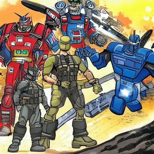 Prompt: GI Joe and Transformers mixed into a dream storybook illustration