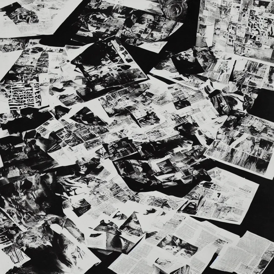 Prompt: A black and white photography of an exhibition space with objects of Sun Ra, Marcel Duchamp and tropical plants, 60s, offset lithography print, newspaper, detail