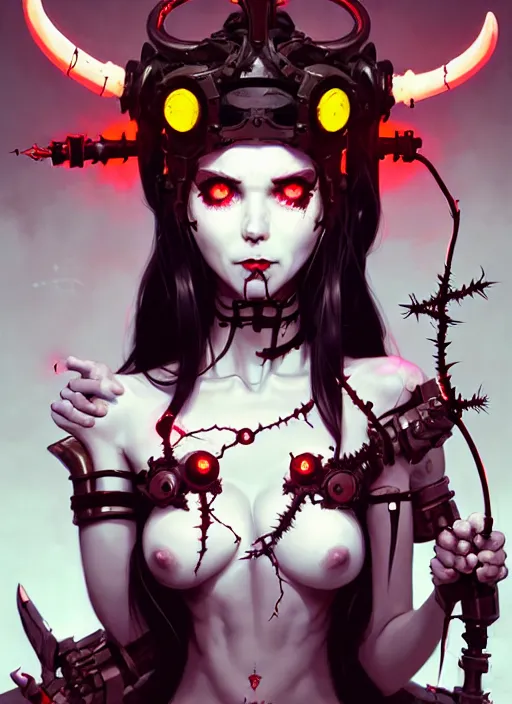 Prompt: portrait of cute cyborg succubus girl with crown of thorns and horns covered with runic tattoos, warhammer, cyberpunk by atey ghailan, by greg rutkowski, by greg tocchini, by james gilleard, by joe gb fenton, by in kaethe butcher, dynamic lighting, gradient light red, yellow, blonde cream and white color in scheme, grunge aesthetic