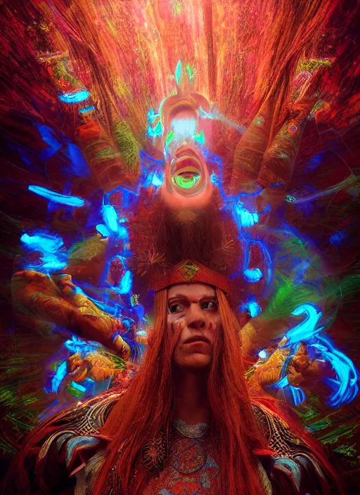 Image similar to An epic fantasy comic book style portrait painting of a wild shaman tripping on Ayahuasca, Shipibo patterns made of lasers, fisheye lens, unreal 5, DAZ, hyperrealistic, octane render, cosplay, RPG portrait, dynamic lighting